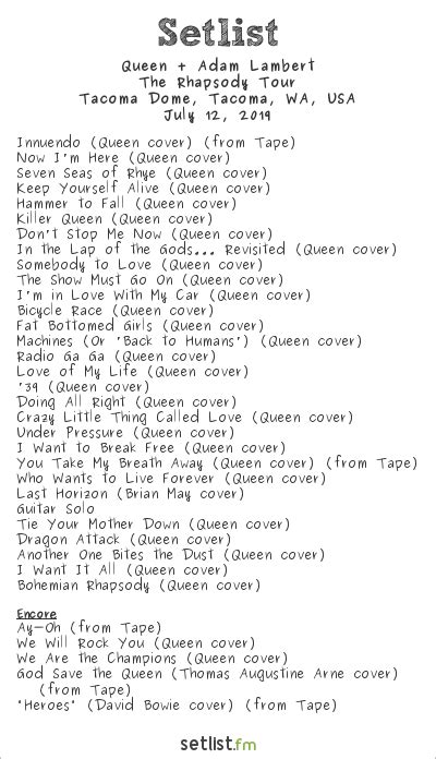 Queen set list - Oct 5, 2023 · Get Queen + Adam Lambert Tickets Here Queen’s North American tour dates continue through November 12th in Los Angeles, and you can grab tickets to the upcoming concerts here . Setlist: 